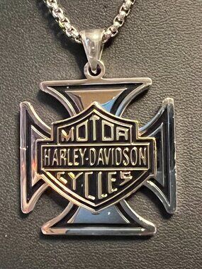 Harley Motorcycle 2-Tone Stainless Steel Iron Cross Pendant Necklace (483)